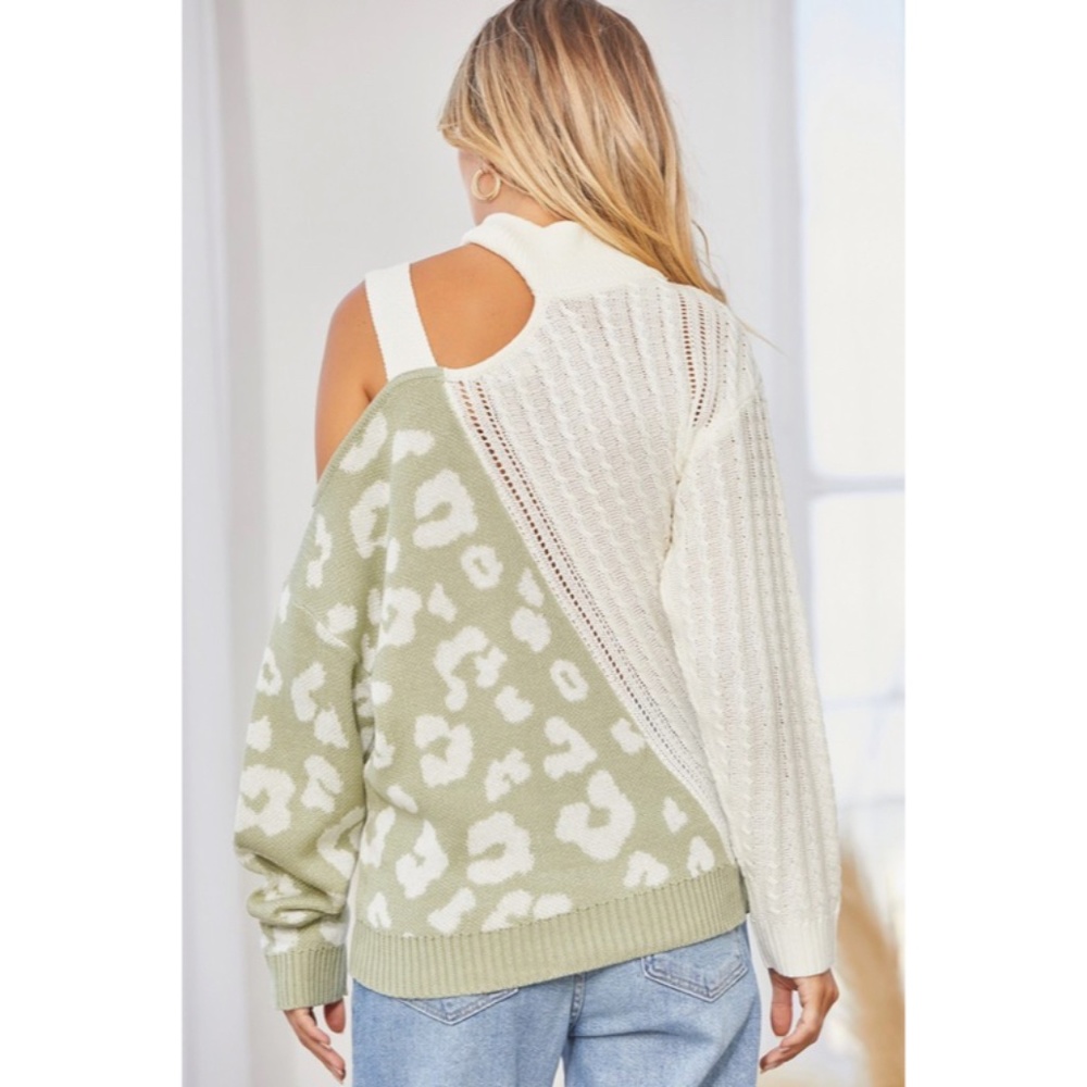SOLD OUT Sage Leopard Print Cable Knit Long Sleeve Cold Shoulder Buckle Sweater - Picture 5 of 6